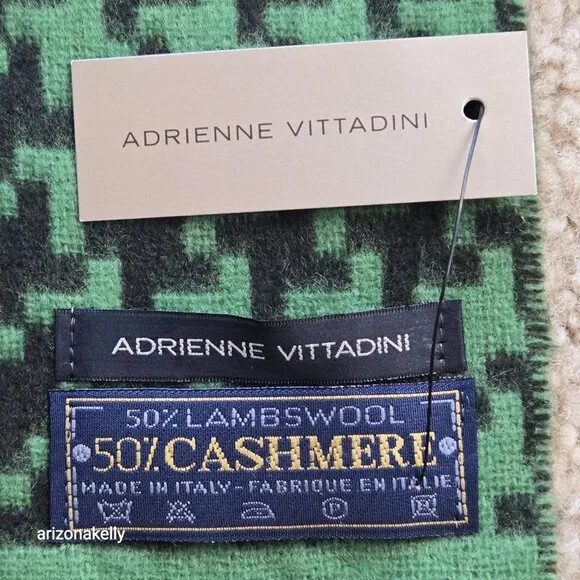 NWT Adrienne Vittadini Wool Cashmere Green Houndstooth Fringe Scarf - Picture 6 of 9